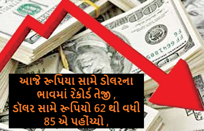 કરન્સી બજારમાં આજે રૂપિયા સામે ડોલરના ભાવમાં રેકોર્ડ તેજી ઝડપથી આગળ વધતાં ડોલરના ભાવ ઉછળી રૂ.85ની સપાટી એ પહોંચ્યો ,