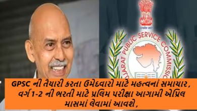 GPSC ની તૈયારી કરતા ઉમેદવારો માટે મહત્વનાં સમાચાર ; વર્ગ 1-2 ની ભરતી માટે પ્રલિમ પરીક્ષા આગામી એપ્રિલ માસમાં લેવામાં આવશે