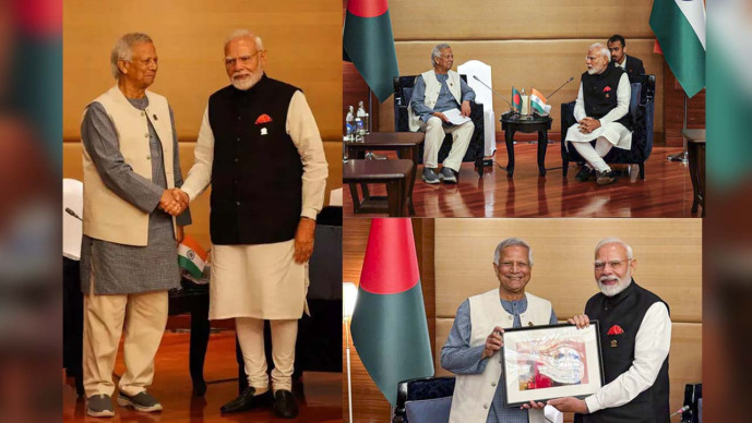 થાઇલેન્ડની રાજધાની બેંગકોકમાં વડાપ્રધાન નરેન્દ્ર મોદી અને બાંગ્લાદેશની વચગાળાની સરકારના પ્રશાસક મોહમ્મદ યુનુસ વચ્ચે બેઠક ,