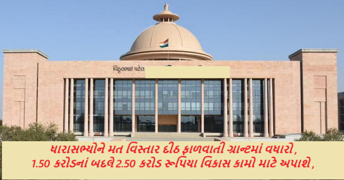 ધારાસભ્યોને મત વિસ્તાર દીઠ ફાળવાતી ગ્રાન્ટમાં વધારો , વાર્ષિક 1.50 કરોડનાં બદલે 2.50 કરોડ રૂપિયા વિકાસ કામો માટે અપાશે ,
