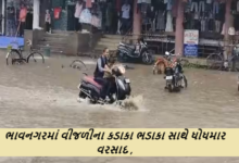 ભાવનગર શહેર માં વીજળીના કડાકા ભડાકા સાથે વરસાદ શરૂ થયો હતો અને શહેરના માર્ગો ભીંજાઈ ગયા હતા.