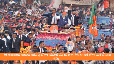 જિ.પંચાયતથી મહાત્મા મંદિર સુધી PM મોદીનો રોડ શો શરૂ, તિરંગા અને બેનર સાથે ઉમટ્યા લોકો ,