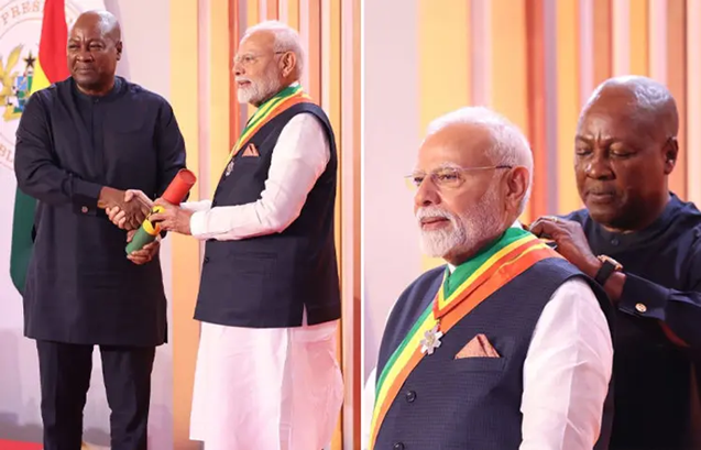 ઘાનાના રાષ્ટ્રપતિ જોન મહામા દ્વારા પીએમ મોદીને 'ઓફિસર ઓફ ધ ઓર્ડર ઓફ ધ સ્ટાર ઓફ ઘાના' થી સન્માનિત કરવામાં આવ્યા.